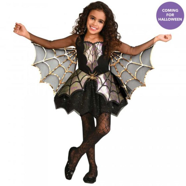 Iridescent Spider Girl costume for ages 8-10, featuring wings and shimmer for imaginative play and dress-up fun.