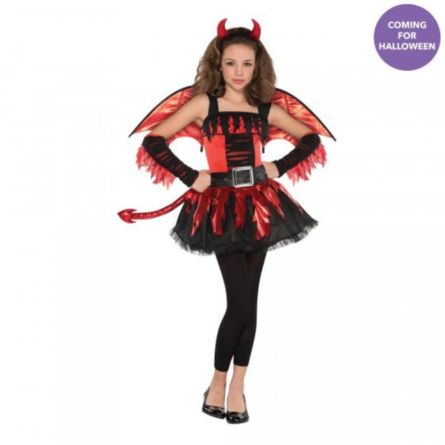 Girl's Daredevil costume for ages 10-12 featuring a dress, wings, headband, and footless tights for imaginative play.