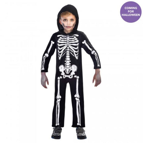 Full-body skeleton jumpsuit for kids ages 6-8, featuring a detailed print, perfect for Halloween fun and trick-or-treating.