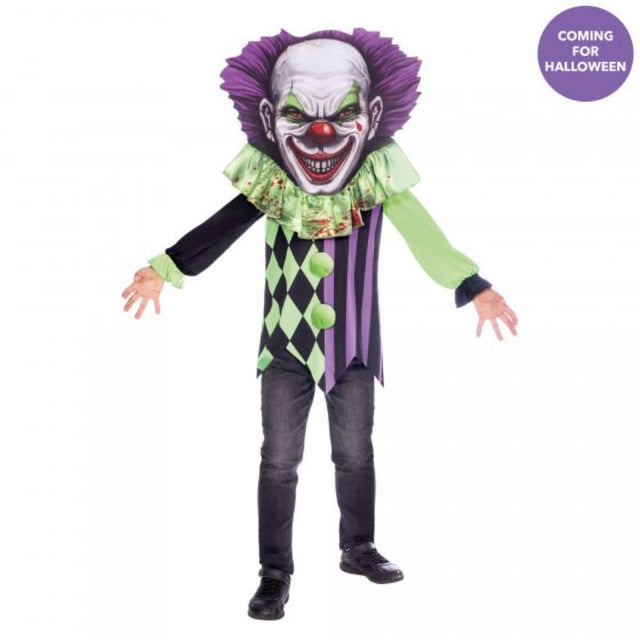 Child dressed as a scary clown, featuring a large, vibrant clown headpiece and colorful suit, perfect for Halloween fun.