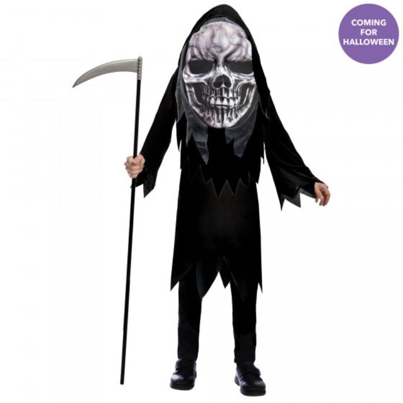 Grim Reaper costume for kids 4-6, featuring a black robe, hood, and oversized mask for fun Halloween adventures.