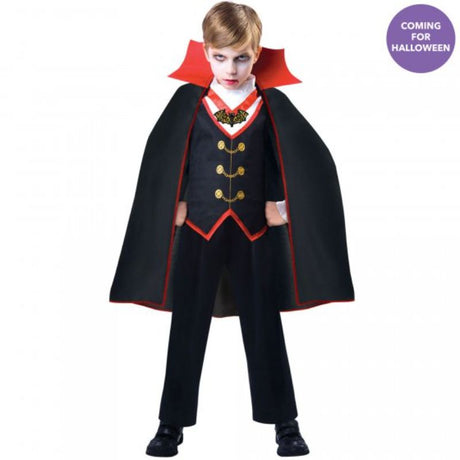 Adorable Dracula costume for boys aged 3-4, featuring a stylish shirt and dramatic cape for Halloween fun.