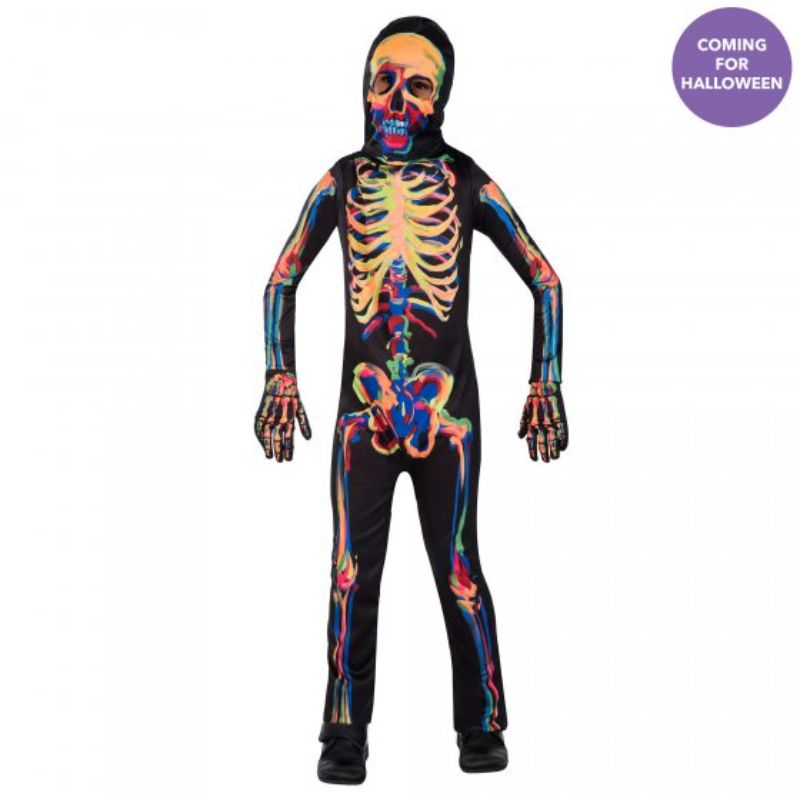 Glow-in-the-dark skeleton costume for kids ages 4-6, featuring a jumpsuit, gloves, and hood with mask for Halloween fun.