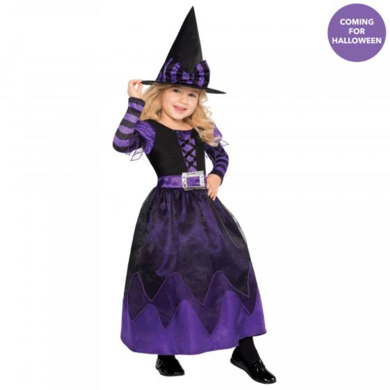 Enchanting witch costume for girls aged 3-4, featuring a vibrant dress and whimsical hat for Halloween fun.