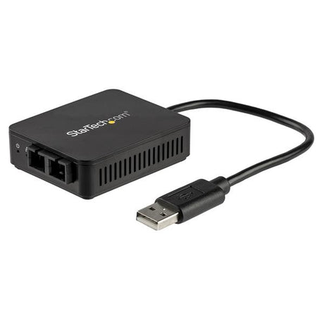 USB 2.0 to Fiber Optic Converter providing 100Mbps connection, 2 km range, compact design, and support for Windows and Mac.