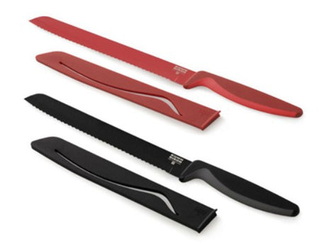Kuhn Rikon Bread Knife with a 7-inch serrated carbon steel blade, designed for effortless slicing of thick crusts.