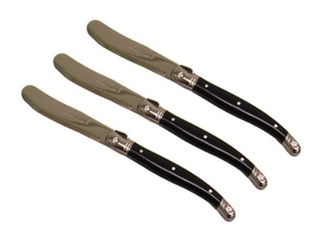 Set of 3 Verdier Black Spreaders with stainless steel blades and vibrant resin handles adorned with Laguiole Bee.
