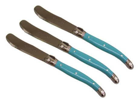 Set of 3 blue Verdier spreaders with stainless steel blades and ergonomic colored resin handles, featuring the Laguiole Bee emblem.