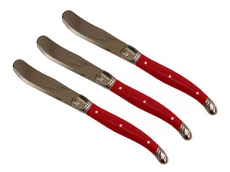 Bright red Verdier spreaders set of three with stainless steel blades and Laguiole Bee logo, perfect for stylish serving.