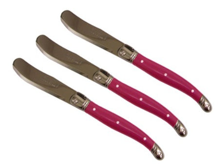 Set of 3 fuchsia Andre Verdier spreaders with stainless steel blades and colorful resin handles, featuring the Laguiole Bee.