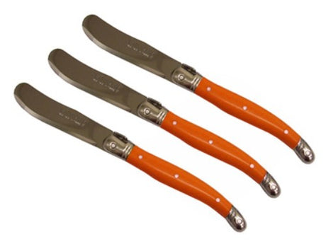 Vibrant orange Verdier spreaders, stainless steel blades, colorful resin handles, pack of 3, ideal for effortless serving.