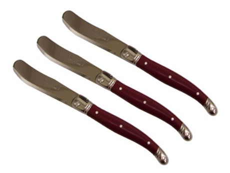 Set of 3 Verdier Spreaders in bright red, featuring stainless steel blades and iconic Laguiole Bee design for elegant serving.
