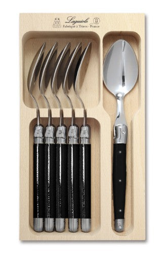 Elegant Verdier Spoon Set of 6 in black, featuring stainless steel and vibrant resin handles with the iconic Laguiole Bee.