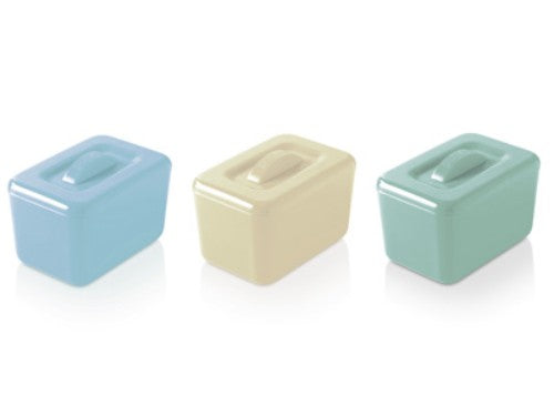 Classic Butter Box in assorted pastel colors, insulated melamine design holding 500g butter, stylish and functional kitchenware.