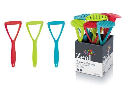 Zeal Potato Masher with non-stick nylon head and silicone handle, perfect for smooth, lump-free mashed potatoes in assorted colors.