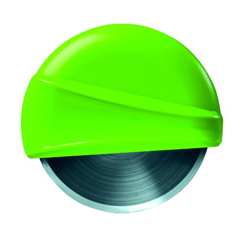 Round pizza cutter with sharp stainless steel blade, ergonomic handle, and plastic guard, available in red or green.