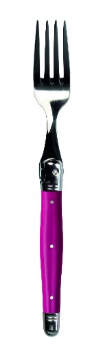 Set of 3 vibrant fuchsia Verdier forks, stainless steel with eco-friendly resin handles, featuring the iconic Laguiole Bee.