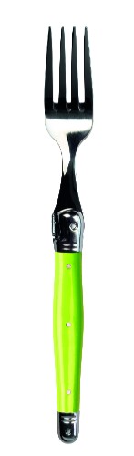Three elegant green Verdier forks with stainless steel prongs and vibrant resin handles, featuring the Laguiole Bee emblem.