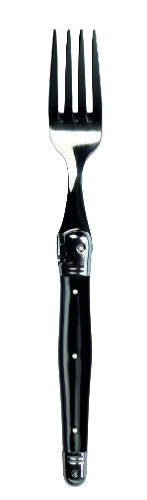 Set of 3 Verdier Black Forks with stainless steel and coloured resin handles, featuring Laguiole Bee engraving; dishwasher safe.