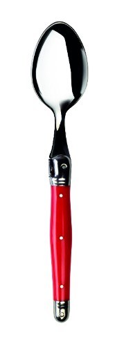 Set of 3 vibrant red Verdier teaspoons with stainless steel and resin handles, featuring the Laguiole bee emblem.