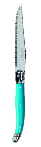 Set of three vibrant blue Verdier steak knives with stainless steel blades and colored resin handles, featuring the Laguiole Bee.