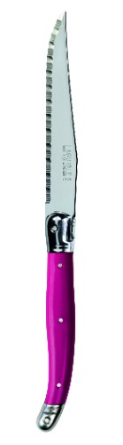 Set of 3 fuchsia steak knives with stainless steel blades and durable resin handles, showcasing the Laguiole Bee emblem.