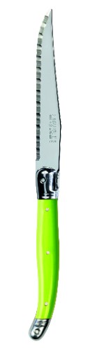 Set of 3 Verdier green steak knives with stainless steel blades and colorful resin handles featuring the Laguiole Bee emblem.