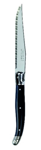 Set of 3 Verdier steak knives with stainless steel blades and colorful resin handles featuring the Laguiole Bee, made in France.