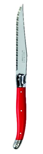 Set of 3 vibrant red Verdier steak knives with stainless steel blades and comfortable resin handles, featuring the Laguiole Bee.