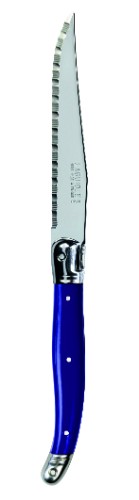 Violet-set steak knives with stainless steel blades and ergonomic resin handles, featuring the iconic Laguiole Bee design.