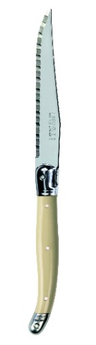 Set of 3 Verdier ivory steak knives with stainless steel blades and elegant Laguiole Bee handles, perfect for fine dining.