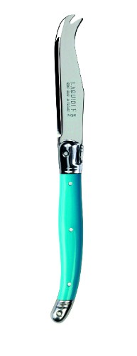 Set of 3 gourmet cheese knives with vibrant blue resin handles, stainless steel blades, and engraved Laguiole Bee.