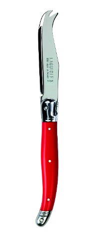 Set of 3 vibrant red cheese knives from Laguiole, France, featuring stainless steel blades and colored resin handles.