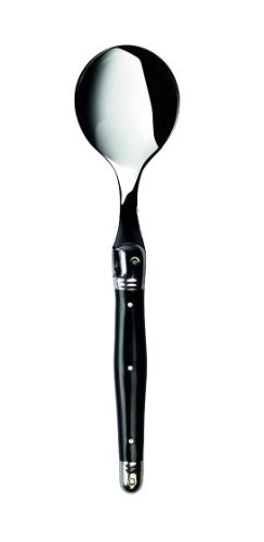 Set of 3 black Verdier soup spoons with stainless steel and colorful resin handles, featuring the iconic Laguiole Bee.