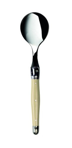 Set of 3 Ivory Verdier Soup Spoons with stainless steel and colored resin handles, featuring the Laguiole Bee. Dishwasher safe.
