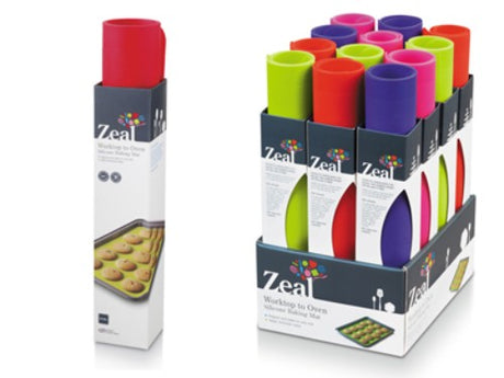 Colorful silicone baking mat, non-stick and reusable, withstands heat up to 450°F, perfect for effortless baking and counter protection.