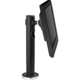 Black counter mount for 24" flat panel display, adjustable tilt, 360° rotation, internal cable management, secure installation.