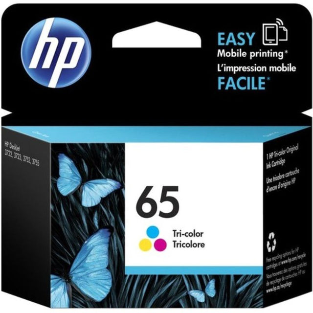 HP 65 Original Tri-colour Ink Cartridge for inkjet printers, yields 100 pages, delivers vibrant prints and color accuracy.