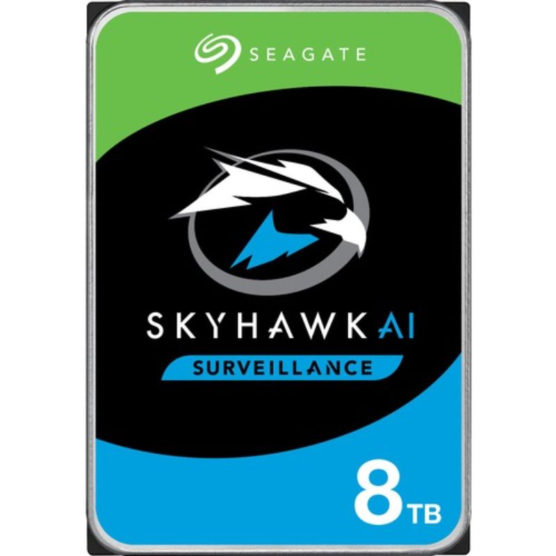 Seagate SkyHawk AI 8TB hard drive for surveillance, optimized for NVR systems with AI capabilities and robust data recovery services.