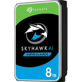 Seagate SkyHawk AI 8 TB hard drive, optimized for surveillance with AI support, featuring 64 HD streams and 3 years of data recovery services.