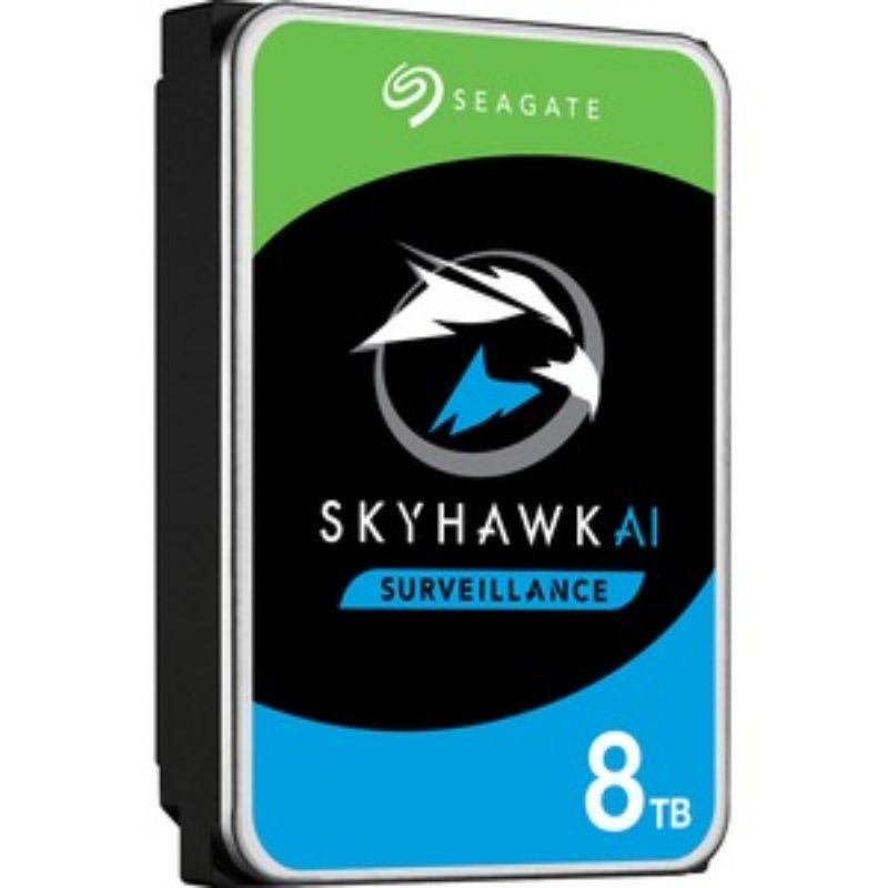 Seagate SkyHawk AI 8 TB hard drive, optimized for NVR, supports 64 HD streams with reliability and data recovery features.