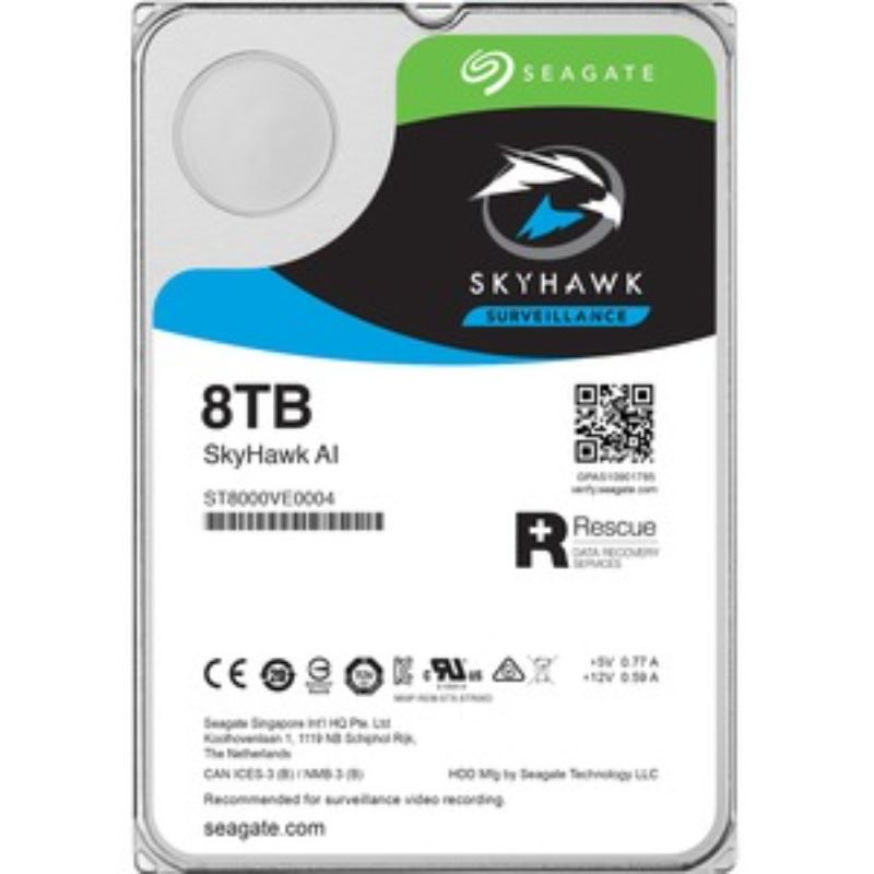 Seagate SkyHawk AI 8TB Hard Drive, optimized for NVRs, supports AI workloads, zero dropped frames, high reliability.