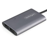 StarTech Thunderbolt 3 to Dual DisplayPort Adapter connecting two 4K monitors, featuring 8K support and 18-inch built-in cable.