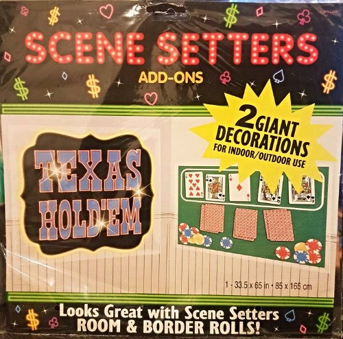 Vibrant wall decorations for poker parties featuring "Texas Hold'em" design and poker table imagery in blue, orange, black, and gold.