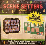 Vibrant wall decorations for poker parties featuring "Texas Hold'em" design and poker table imagery in blue, orange, black, and gold.