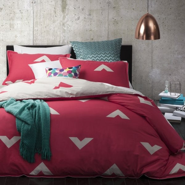 King Bed Duvet Set in vibrant coral with reversible linen chevron design and elegant piping, perfect for stylish bedroom updates.