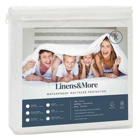 Waterproof Cotton Mattress Protector in King size, protecting against spills and allergens with a soft, absorbent surface.