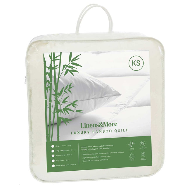 Luxurious white bamboo duvet in King Single size, hypoallergenic, lightweight, and breathable for a restful sleep.