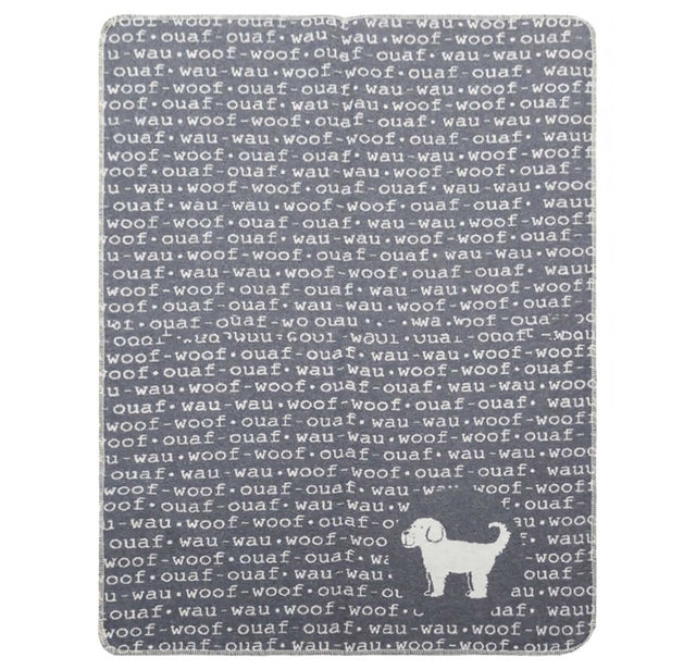 Soft, cozy 70x90cm dog blanket by David Fussenegger, crafted in Austria with a playful Woof Woof design.
