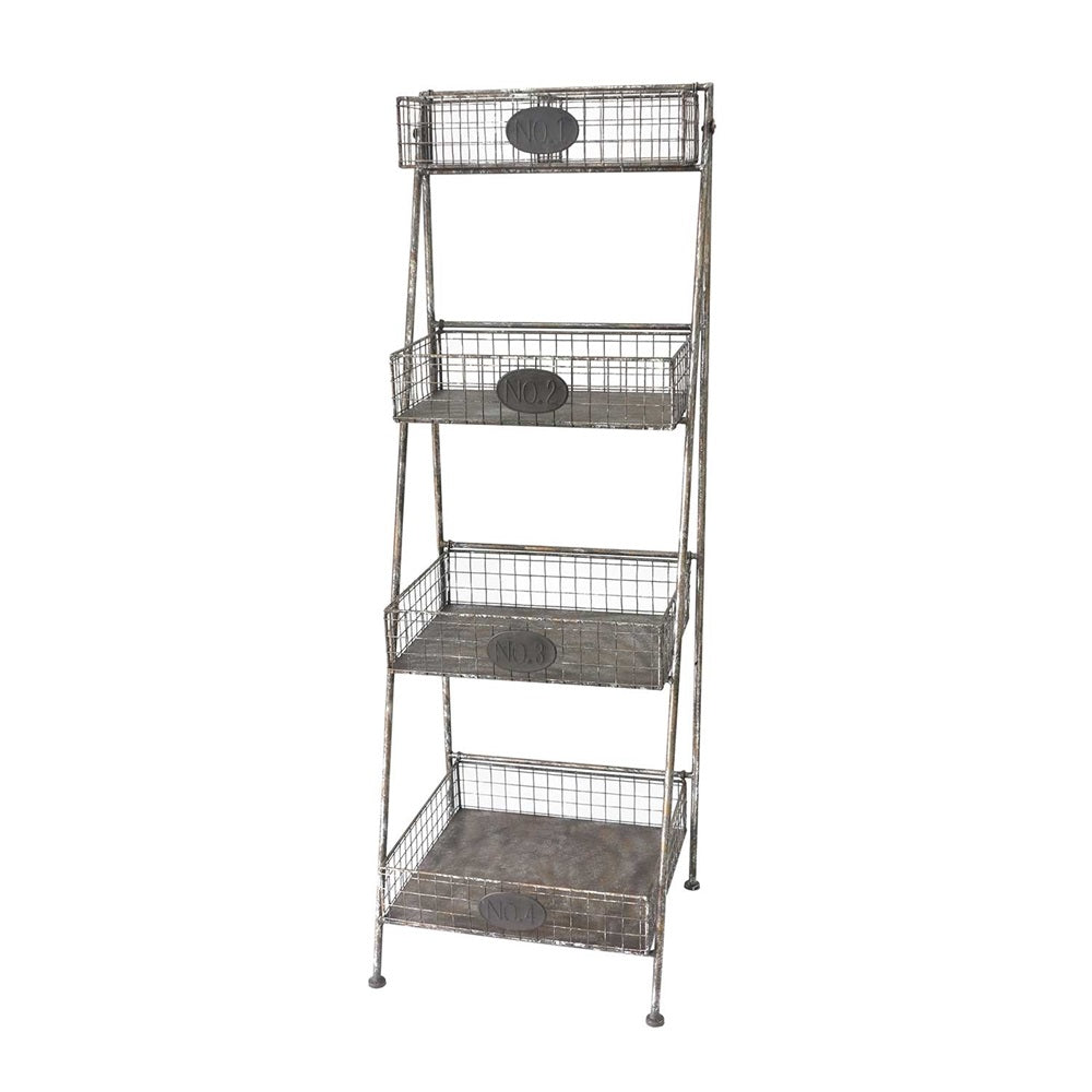 Antique-style metal stand with four storage baskets, made of iron, measuring 1314mm tall and 444mm deep.